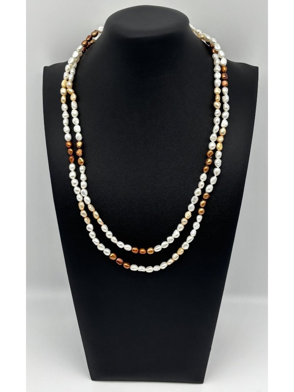 Vintage 50 Inch Single Strand of Freshwater Pearls Bronze Gold Cream Unsigned